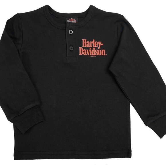 Harley-Davidson Little Boys' Orange Script Long Sleeve Henley Tee Black - Picture 1 of 1